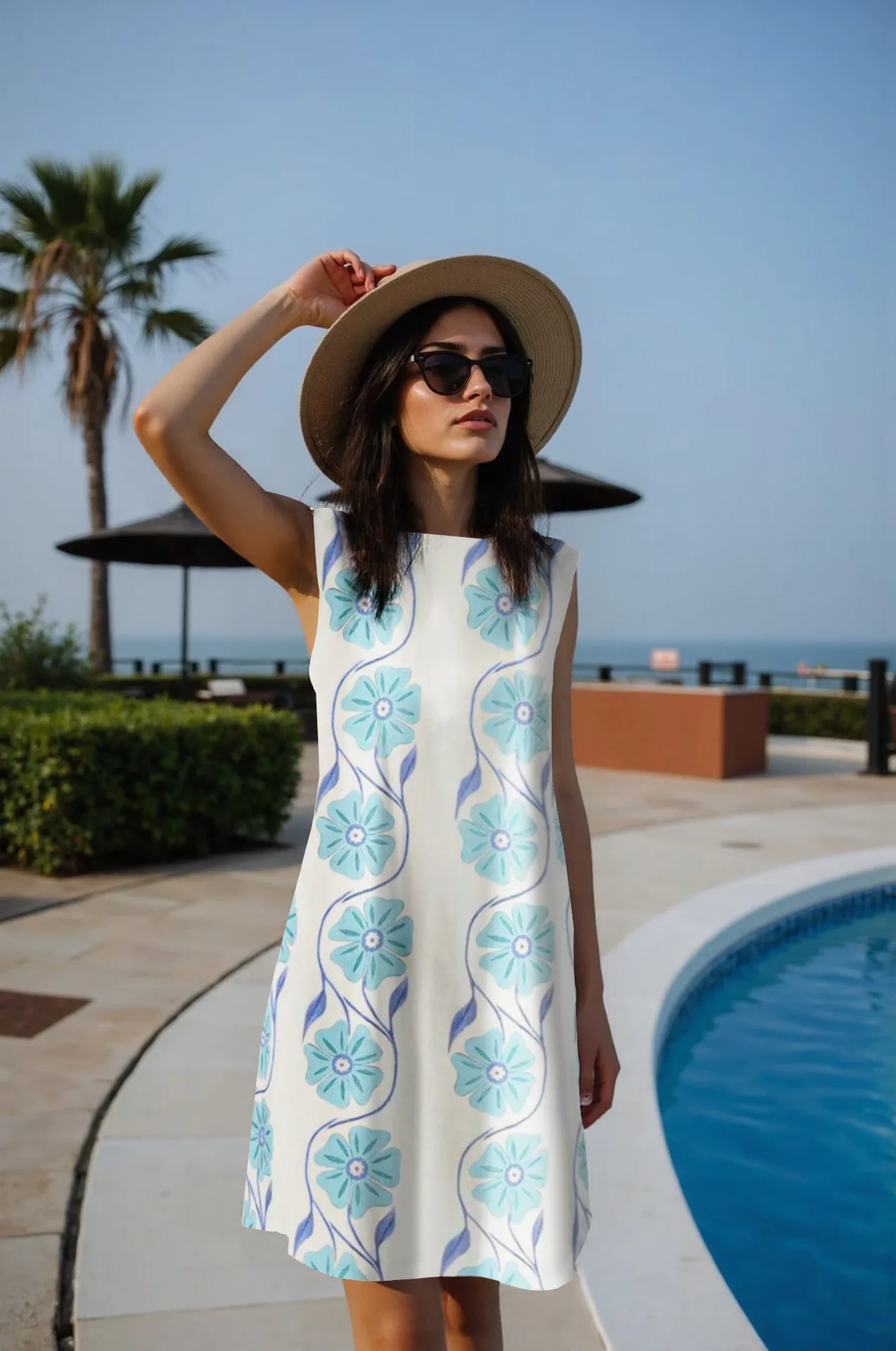Casual Well-Fitted Printed Short Dress Women Summer Beach Elegant Lady's O Neck Short-Sleeved Thin Straight Knee-Length Dress