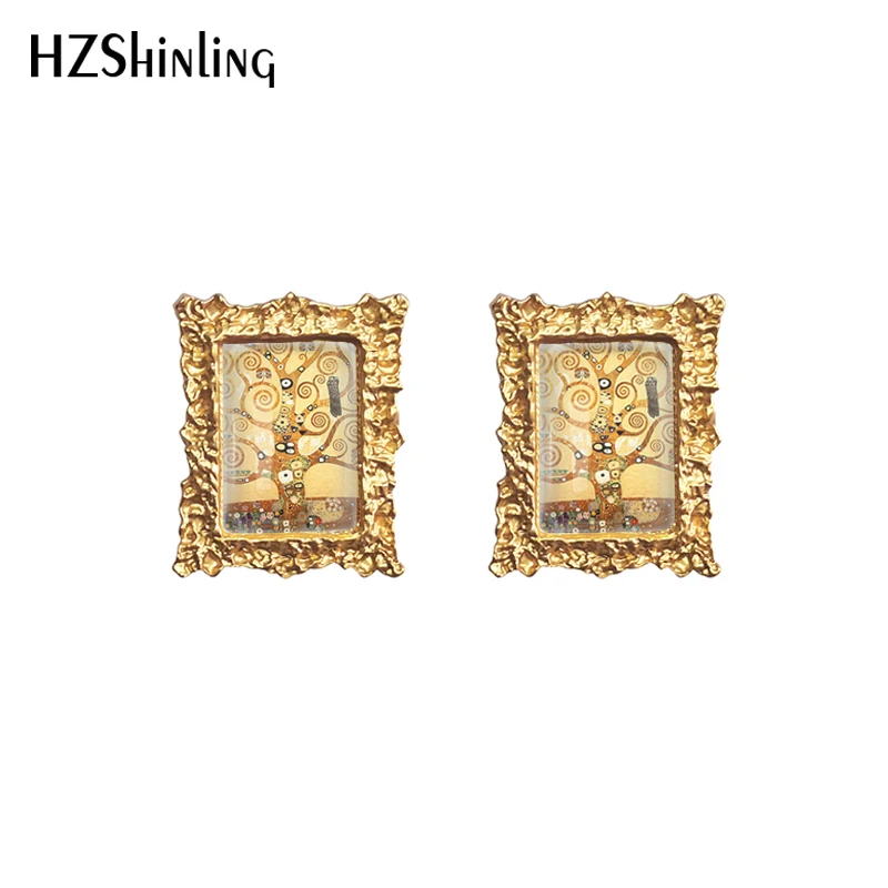 2022 New Gustav Klimt the Kiss Stud Earring Art Painting Square Earrings Retro Art Printed Glass Photo Jewelry