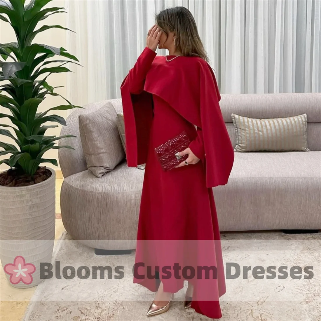 

Blooms Long Sleeves Burgundy A-line Prom Dress Front Slit With Shawl Arabia Formal Occasion Gown Party Evening Dresses