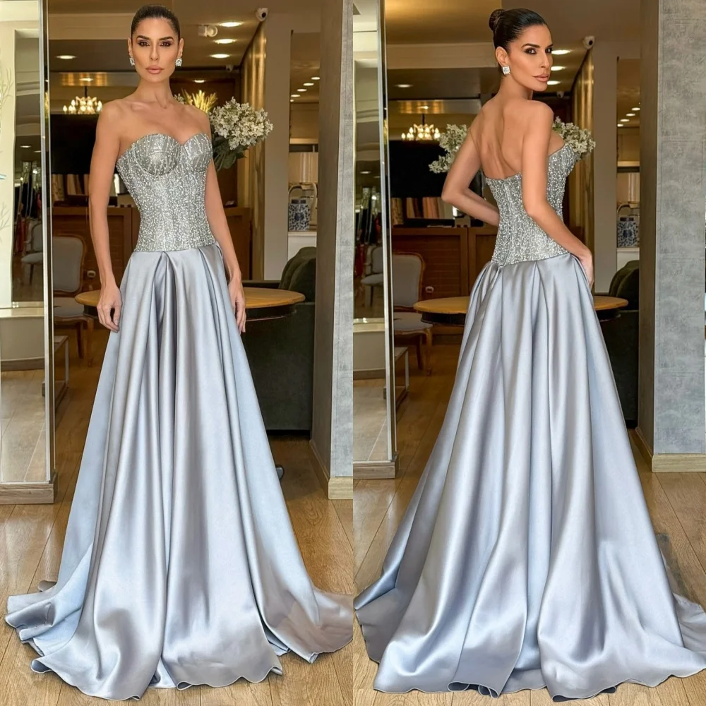 

Customized Sparkle Exquisite Charmeuse Sequined Pleat A-line Strapless Long Dresses Bespoke Occasion Elegant