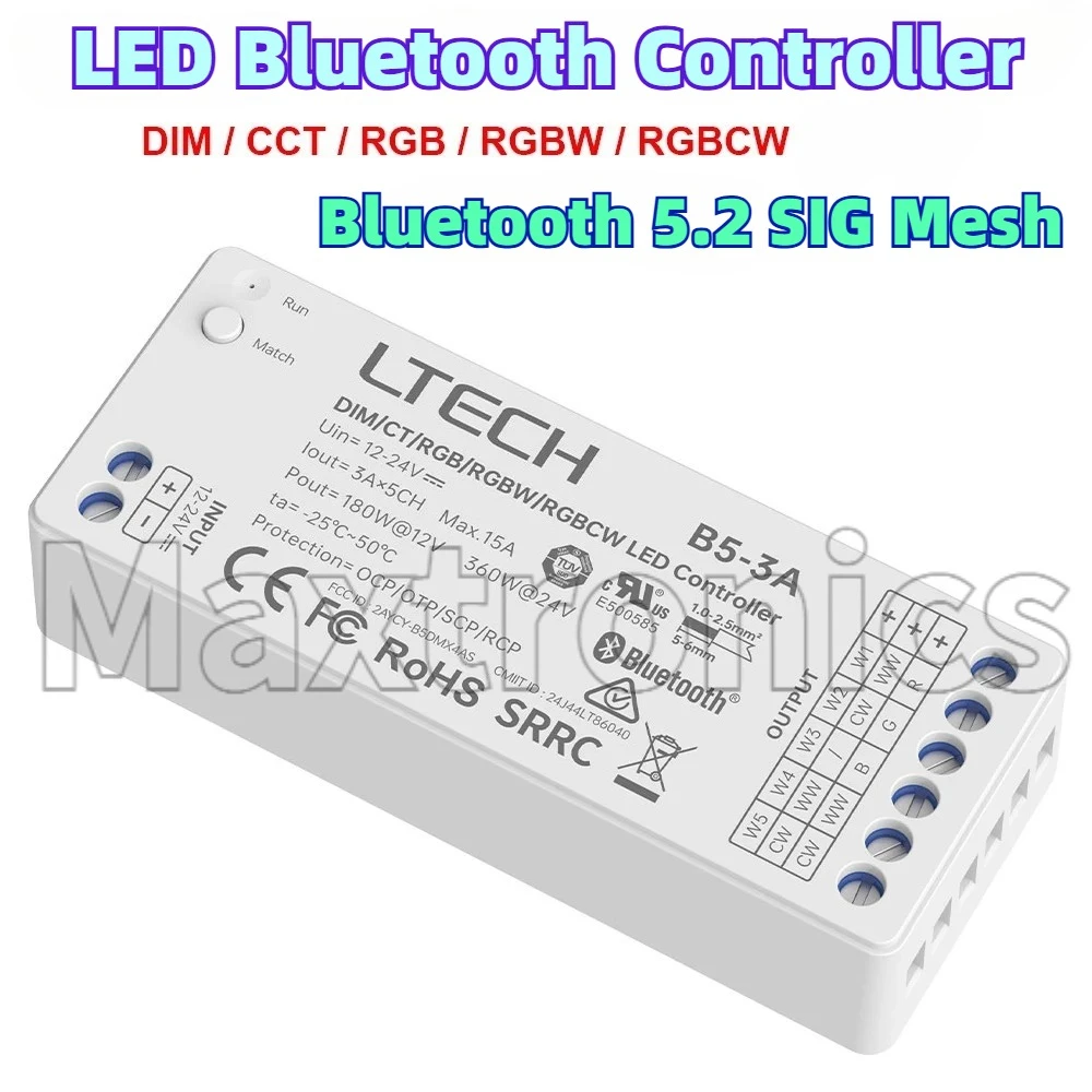 LTECH LED Bluetooth Controller B5-3A 5.2 SIG Mesh DC12-24V 5CH 15A Dimming APP Google Alexa for DIM/CCT/RGB/RGBW/RGBCW LED Strip