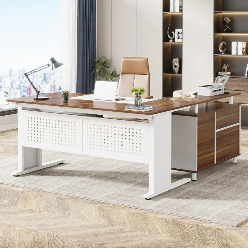 

2026 New： 63 Inch Executive Desk with File Cabinet, L Shaped Office Desk with Drawers and Storage Shelves, Business Fu