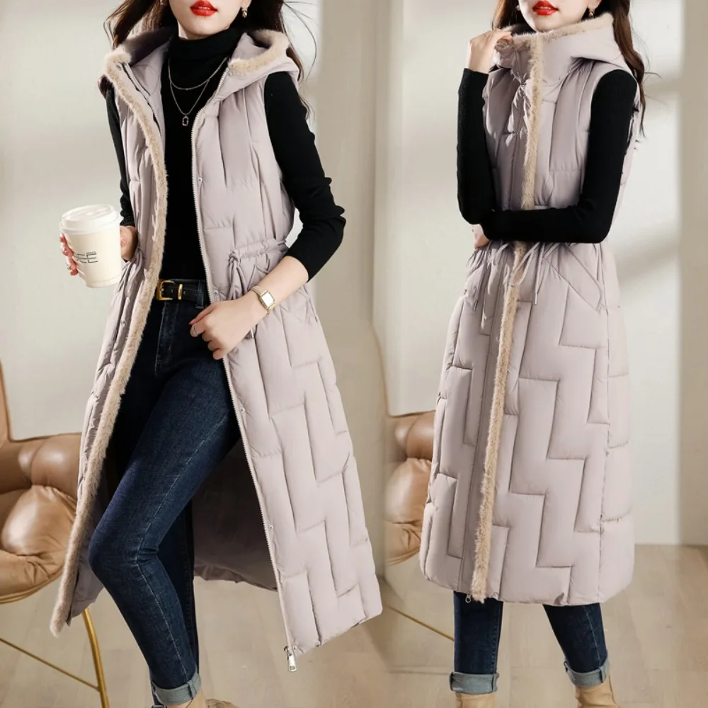 Brieuces New Autumn Winter Down Cotton Waistcoat Womens Cotton-Padded Windproof  Pocket Drawstring Hooded Warm Long Puffer Vest