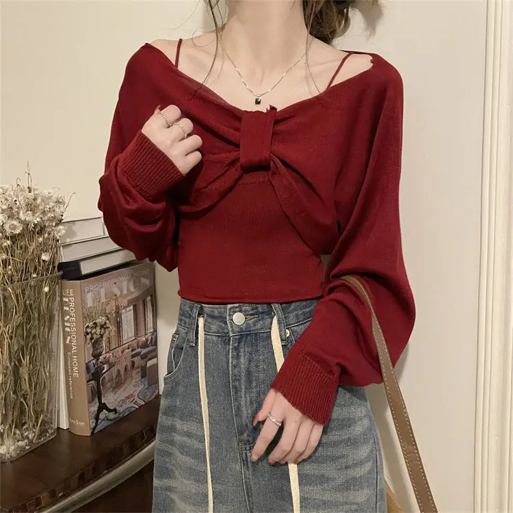 Bow One Shoulder Sweater Long Sleeve Knitted Shirt Women\'s Short Style High End Interior Top