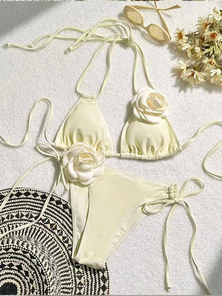 

Sexy 3D Flower Black Triangle Bikinis Set Micro Thong Swimsuits Women String Halter Bathing Suit Bikini 2025 Mujer Biquinis Swim