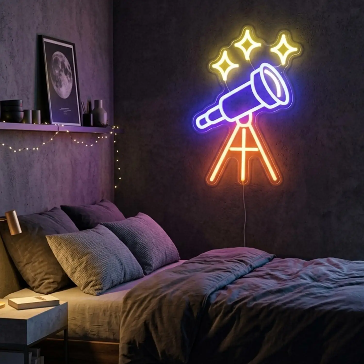 Telescope Neon Sign USB Dimmable LED Light for Bedroom Man Cave Game Room Kids Room Space Astronomy Wall Decor Night Light