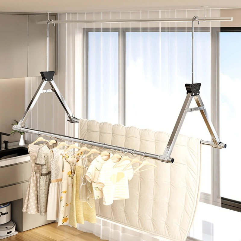 Stainless Steel No Drill Hanger, Retractable Length Drying Rack, Foldable Balcony Laundry Pole, Height Adjustable Clothes Airer