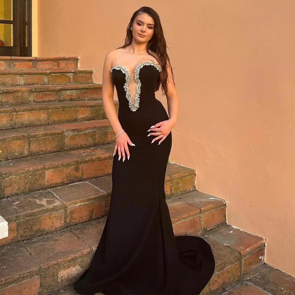 Luxury Evening Dress Crystals Deep V Neck Mermaid Black  Gowns for Women 2023 Strapless Trumpet Sexy Formal Party Dresses