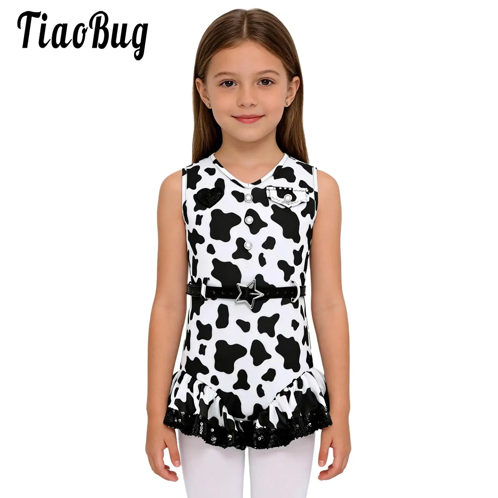 

Kids Girls Western Cowgirls Costumes Halloween Fancy Dress-up Sleeveless Cow Print Sequin Ruffled Trim Bodysuit Carnival Party