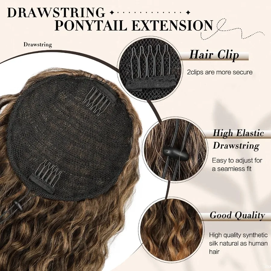 Estensione coda di cavallo sintetica ondulata lunga riccia da 16 pollici con coulisse per donne nere Estensione dei capelli versatile e facile da usare per