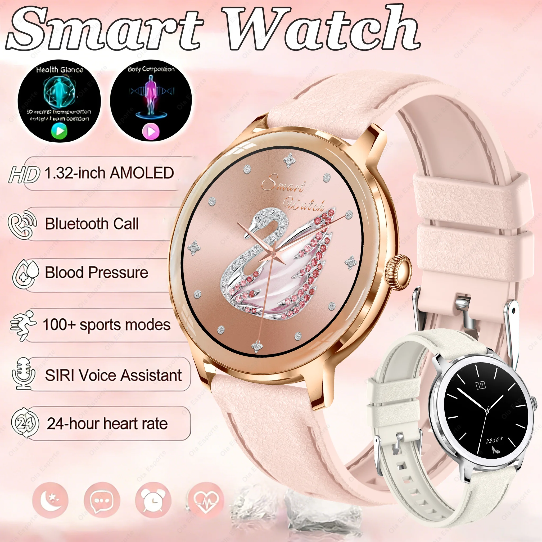 

Fashion Smart Watch Women Heart Rate Blood Oxygen Monitor Camera Music Control Message Notification 100+Sports Modes Smartwatch