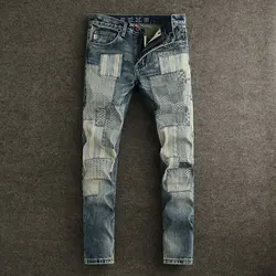 Street Fashion Herren Jeans hochwertige Retro blau gerade Slim Fit zerrissene Jeans Männer gepatchte Designer Hip Hop Vintage Jeans hose