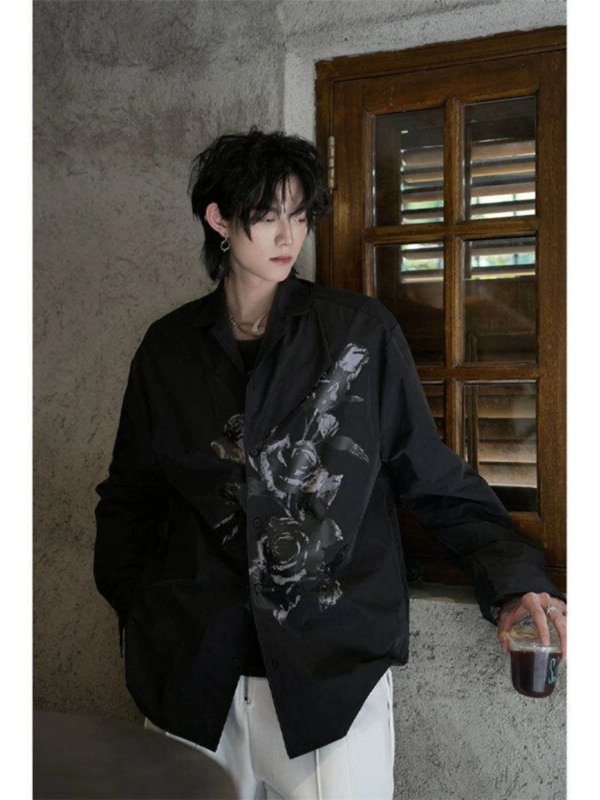 Spring Autumn New Personality Gothic Dark Rose Long Sleeve Leisure Shirt Men's American Fashion Handsome Chic Versatile Shirts