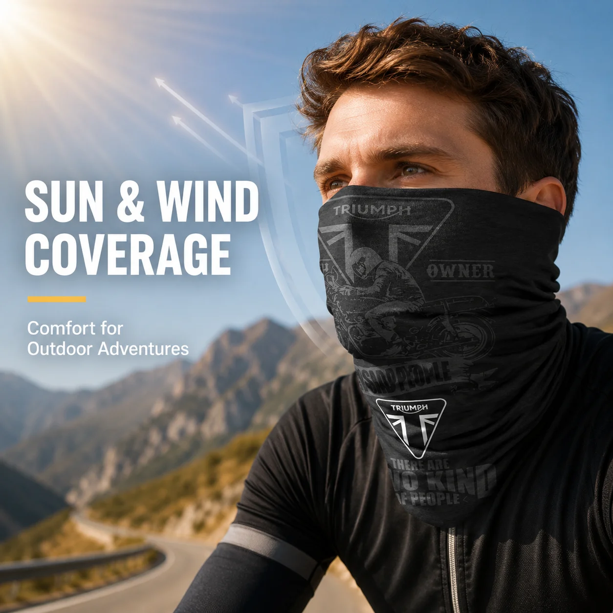 Motorcycle neck gaiter worn as face cover and neck warmer