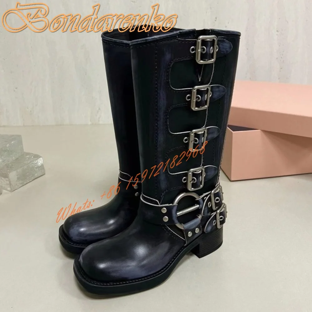 Belt Buckles Knee High Boots Round Toe Leather Chunky Heels Metal Decor Women Sexy Boots New Style Winter Party Designer Shoes