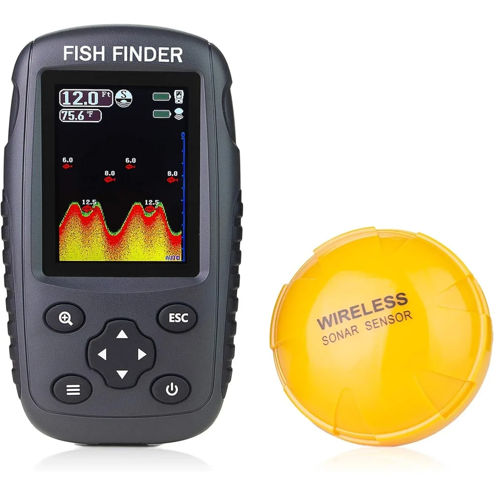 

Portable Rechargeable Fish Finder Wireless Sonar Sensor Fishfinder Depth Locator with Fish Size, Water Temperature