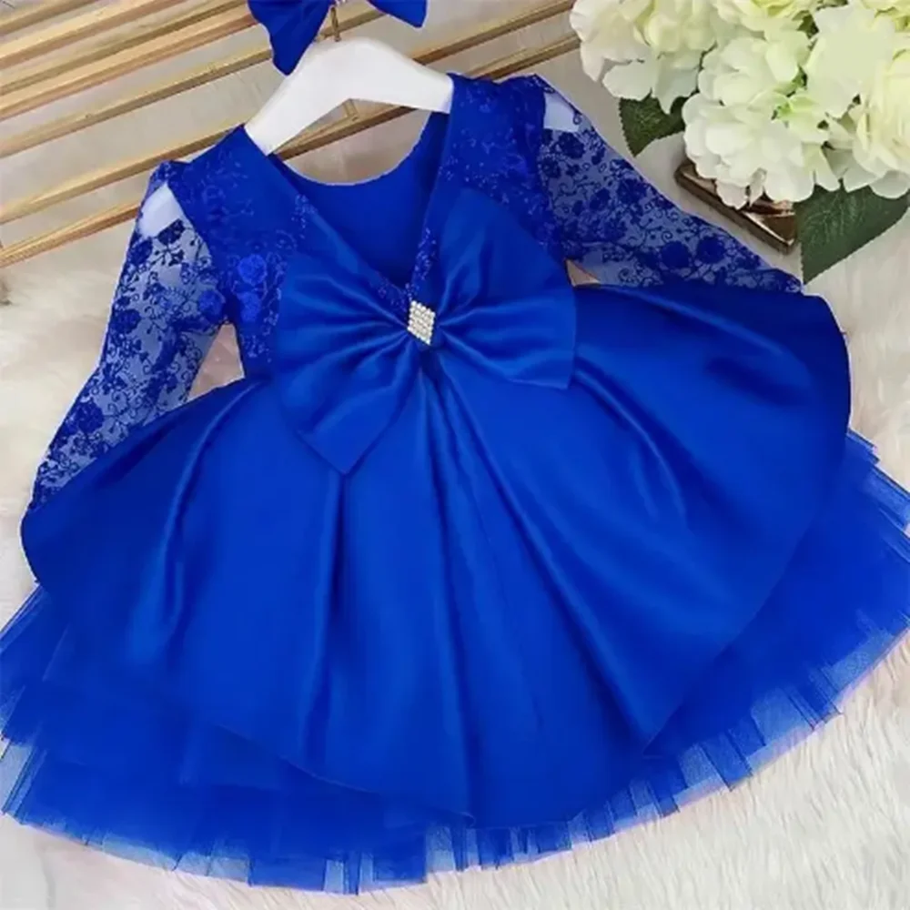 Customized Royal Red Flower Girl Dresses For Wedding Lace Full Sleeves Puffy Toddler Birthday Party First Communion Ball Gown
