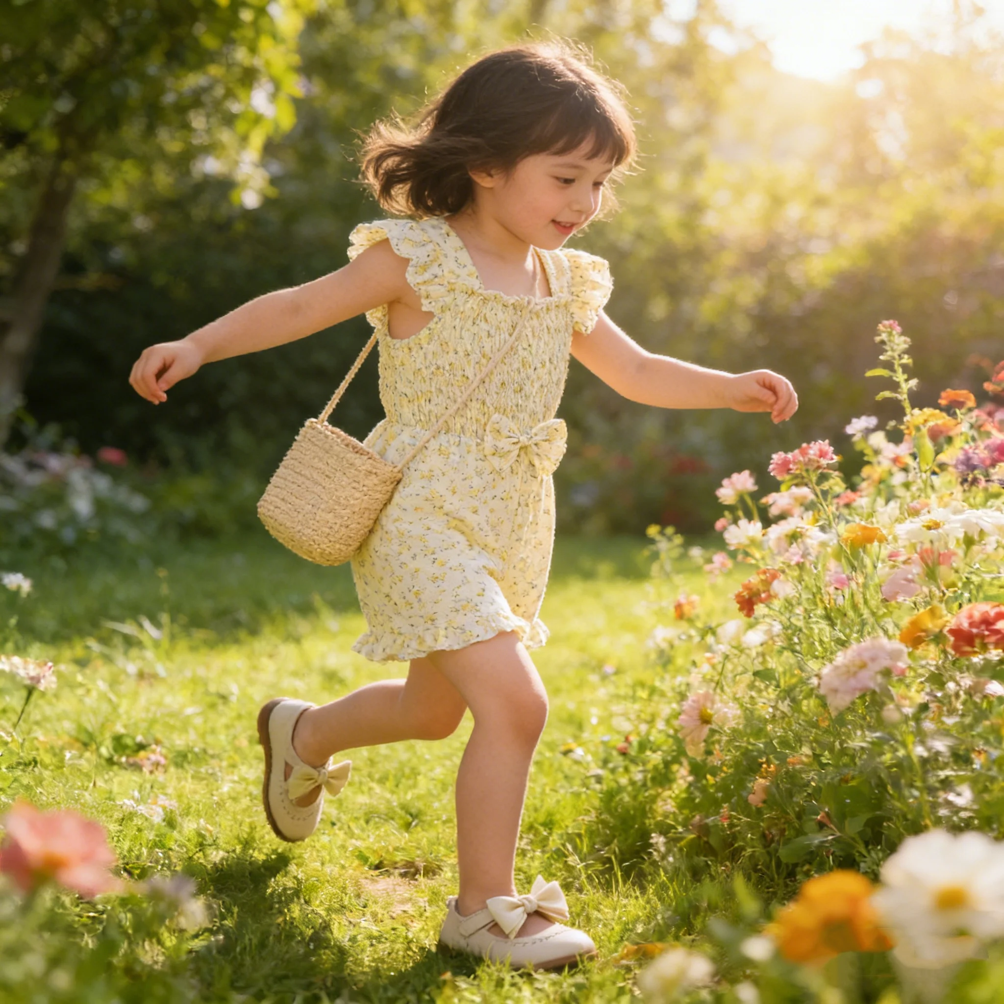 

Summer New Style Girls' Yellow Floral Print Romper with Butterfly Knot Sweet Wind Sleeveless Onesie for Babies