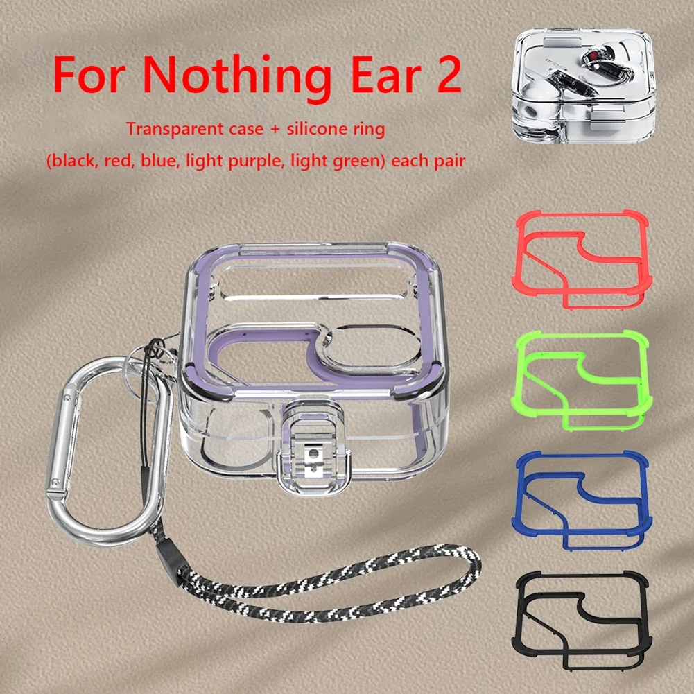 Wireless Headphones Cover PC Transparent Headset Case Cover with 5 Pairs Silicone Ring Lanyard and Metal Hook for Nothing Ear 2