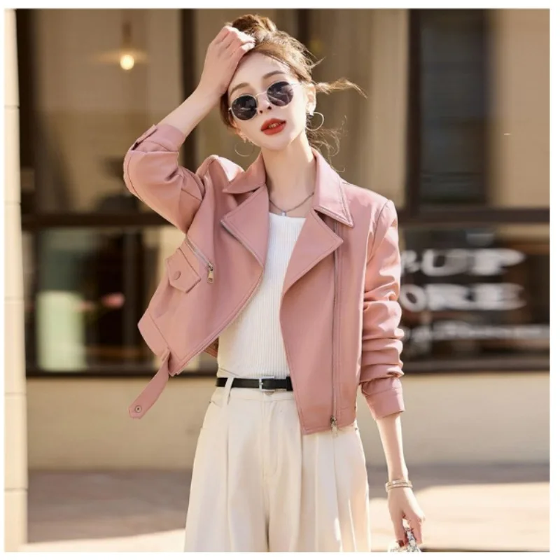 Spring Autumn's New Leather Jacket Short Motorcycle Casual Petite Leather Jacket Fashionable Simple Versatile Women's Clothing