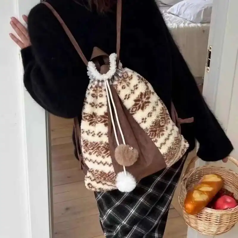 Wollen Winter Ballen Trekkoord Rugzak Vrouwen Mode Ontwerper Vrouwelijke Reizen Bagpack Meisjes Schooltassen Bolsos Anime