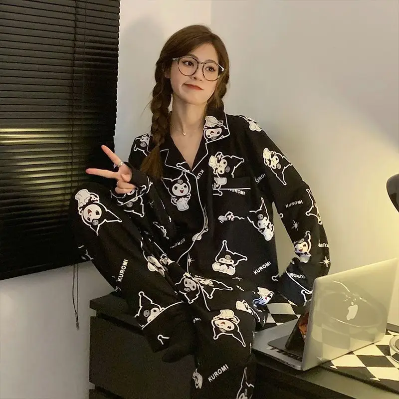 Anime Sanrio's Kuromi Pajamas Spring and Autumn Period Long Sleeve Trousers Cotton Cute Cartoon Cardigan Home Service Suit 2026
