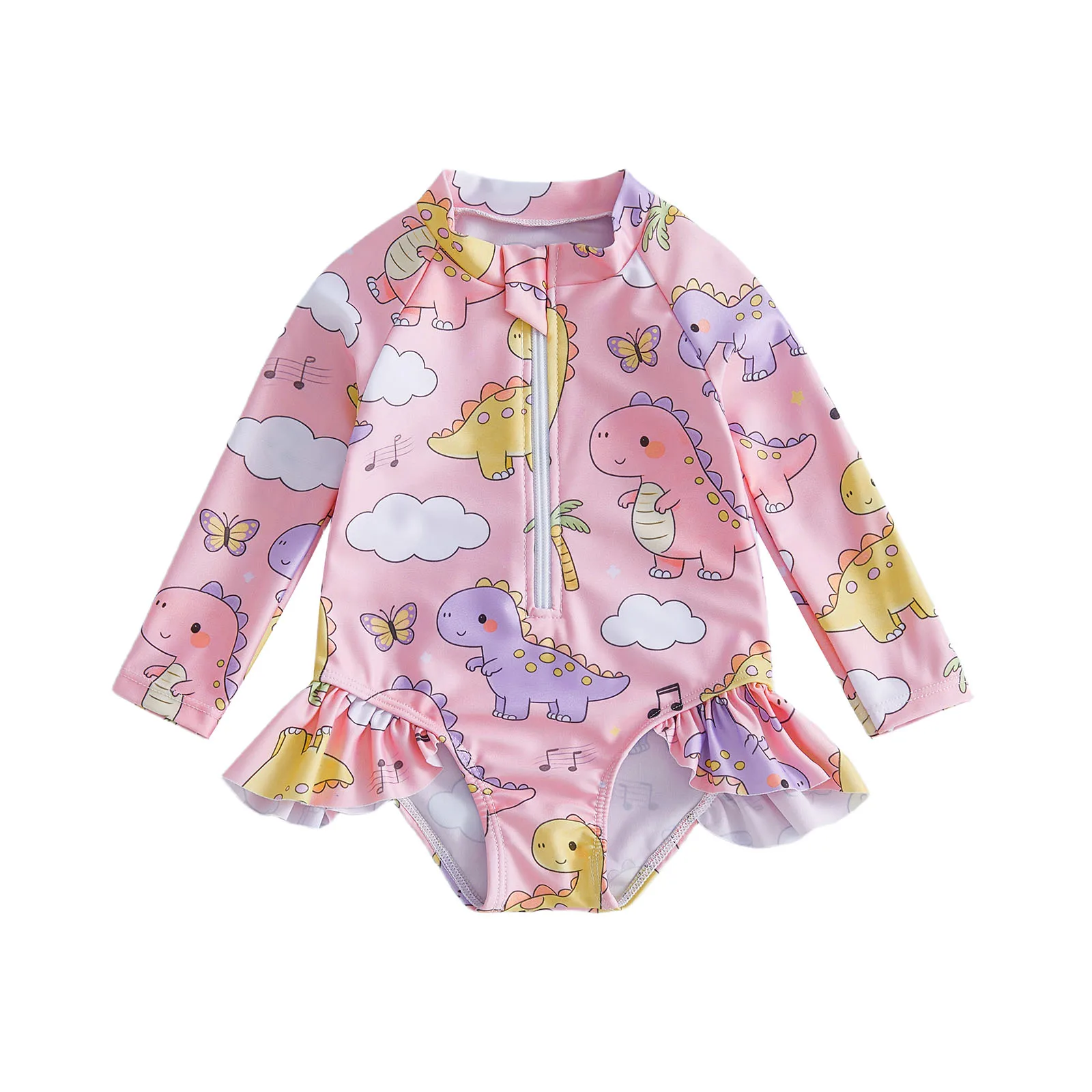 

Купальник-ромпер для девочек с защитой от солнца, с принтом динозавров, оборками по низу, длинными рукавами и круглым вырезом, детский купальный костюм