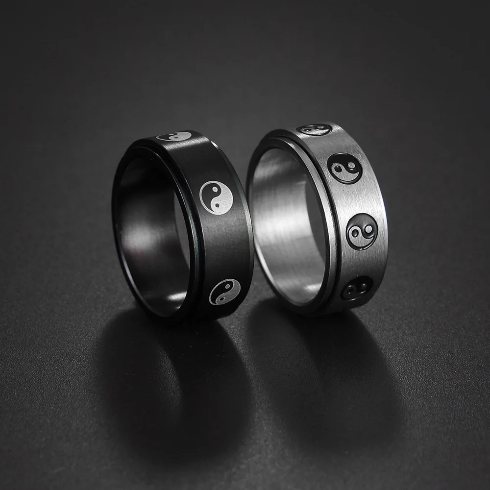 New 8MM Black Rotatable Traditional Chinese Ying Yang Rings for Men Woman Stainless Steel Exorcism Gossip Male Prayer Jewelry