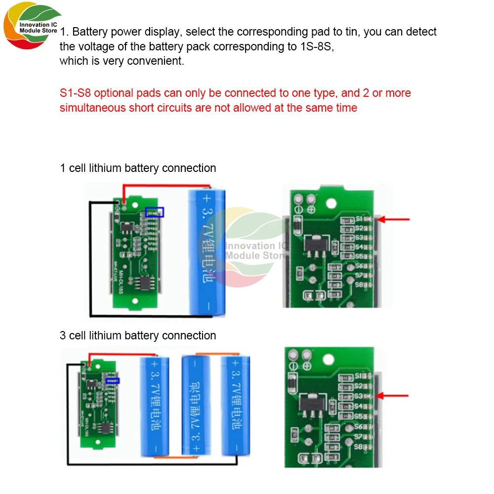 DC 3-34V 1S/2S/3S/4S/6S/7S/8S Lithium Battery Fuel Gauge Display Module Three-string LED Lithium Battery Pack Indicator Board