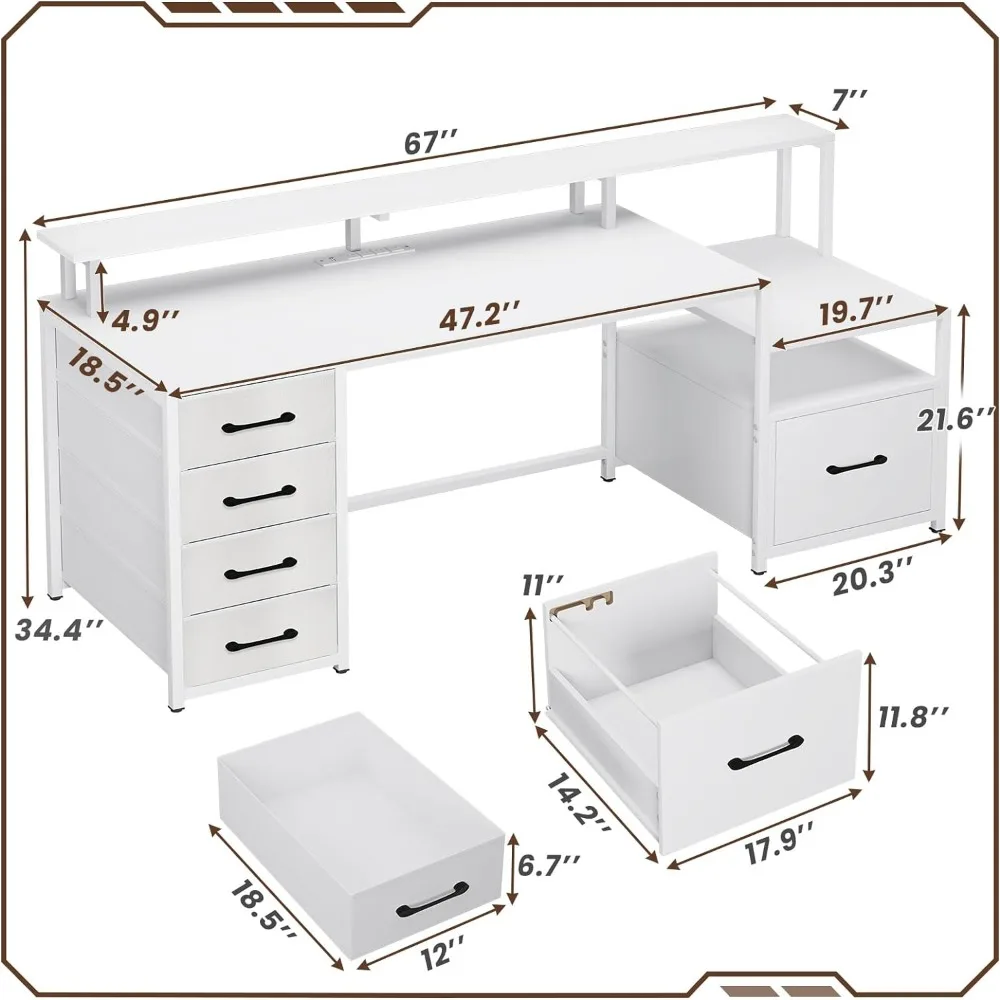 Computer Desk with 5 Drawer, Power Outlet & Led Lights, 66\'\' Home Office Desk with File Drawer, Storage, Monitor Shelf