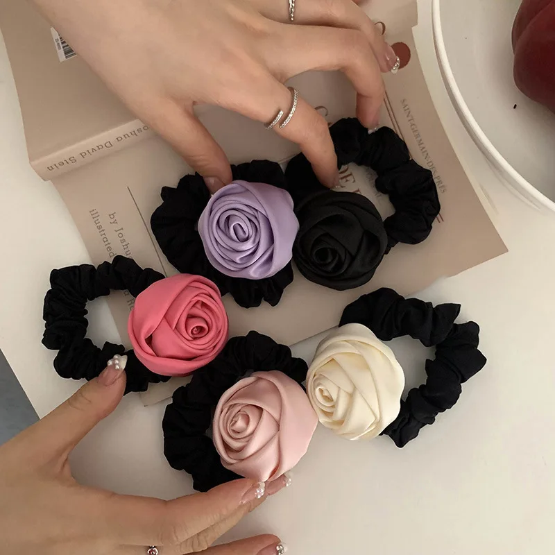 Fashion Satin Rose Flower Hair Rope Ring Scrunchies Women Elegant High Elastic Rubber Band Ponytail Holder Hair Accessories