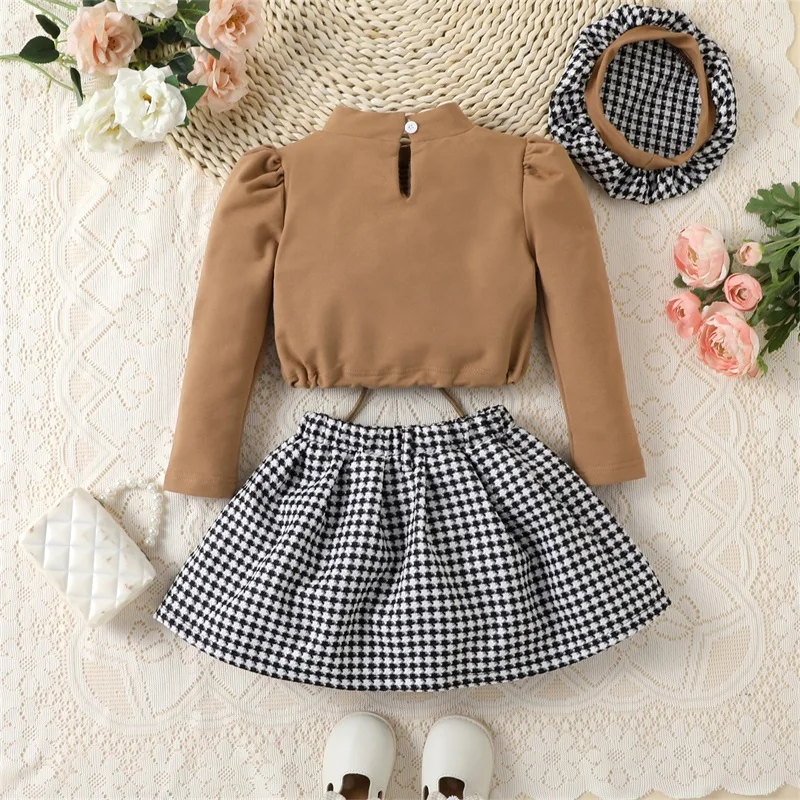 2-6Y Kid Girl Fall 3Pcs Outfit Long Sleeve Mock Neck Drawstring Tops Houndstooth A-Line Skirt Beret Set Elegant Clothes