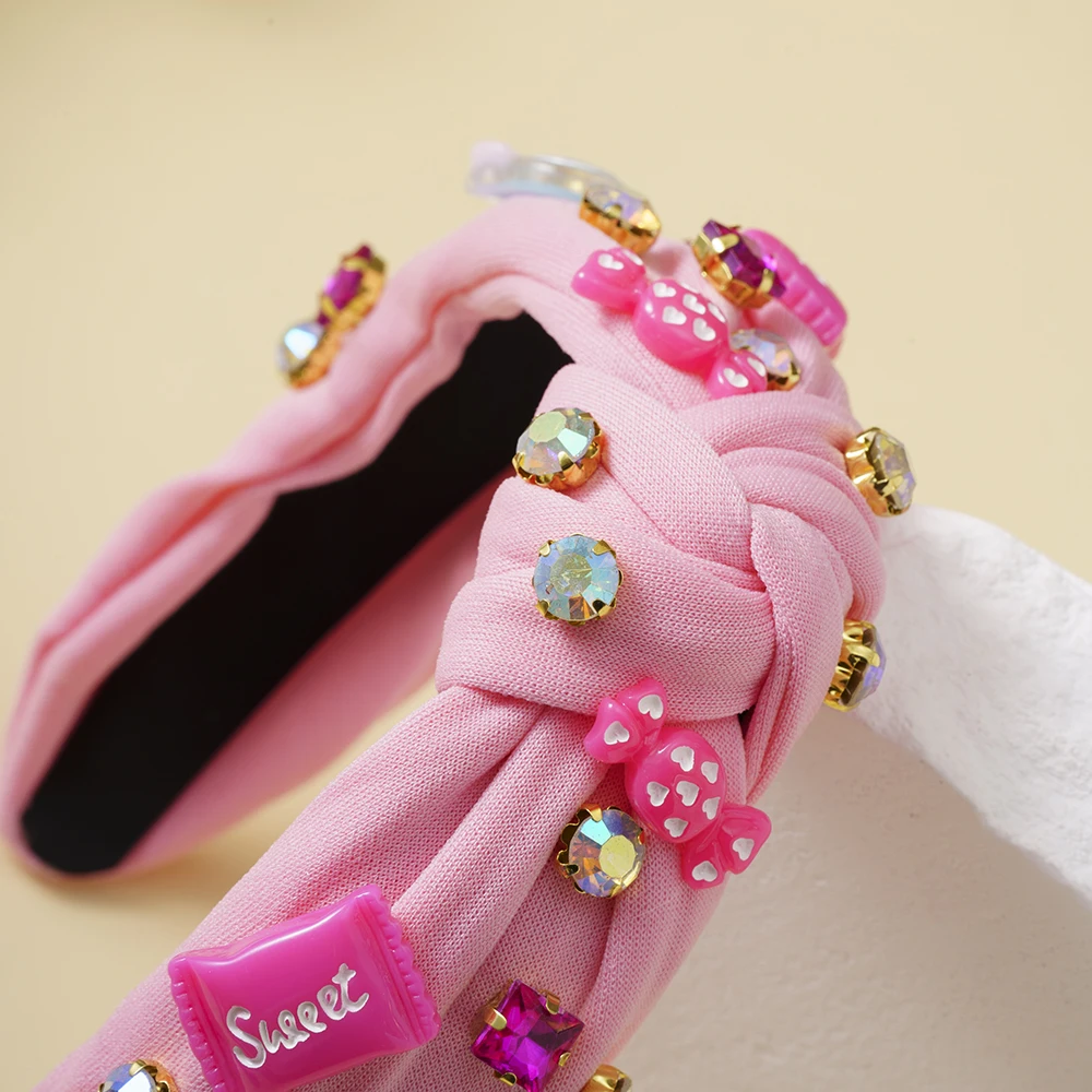 Ikat Rambut Simpul Busur Permen Merah Muda Mode Korea Ikat Kepala Berlian Imitasi Anak Perempuan Manis Aksesori Rambut Elastis Simpai Rambut Pesta Pernikahan