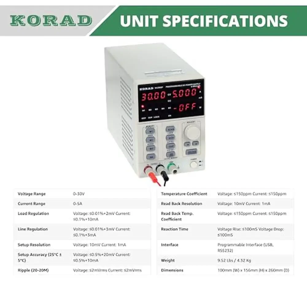 Fuente de alimentación de precisión ajustable de 30V 5A, Control programable de grado de laboratorio regulado Digital, puertos USB y RS232, 4 memorias de recuperación