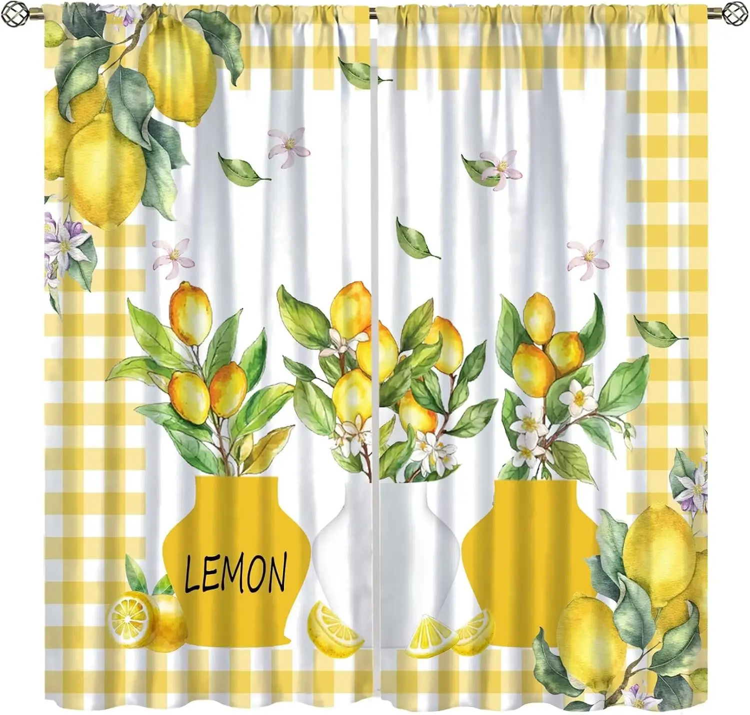 Yellow Check Vase Lemon Curtain 2 Panels Watercolor Citrus Flower Jar White Background Master Kitchen Fresh Summer Home Decor