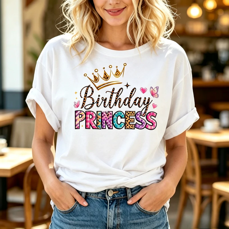 Birthday Princess Crown Butterfly Graphic T Shirt Women Birthday Party Celebration Sleeve Crewneck Casual Fashion Ladies Tee Top