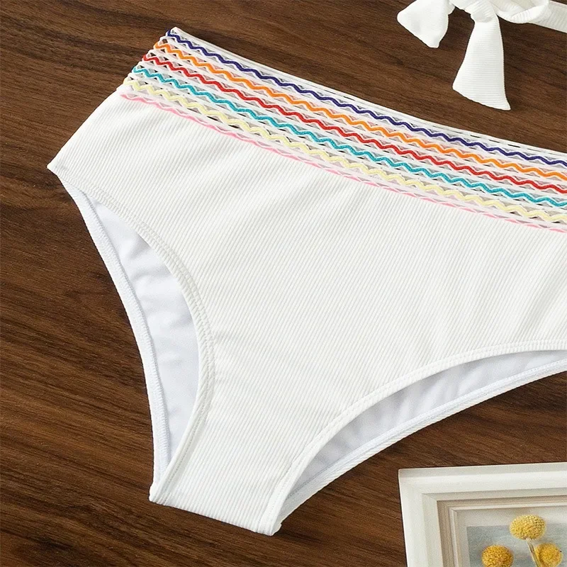 Mulheres verão cor sólida maiô sexy cintura alta puro algodão suspender maiô moda apertado listrado split bikini conjunto