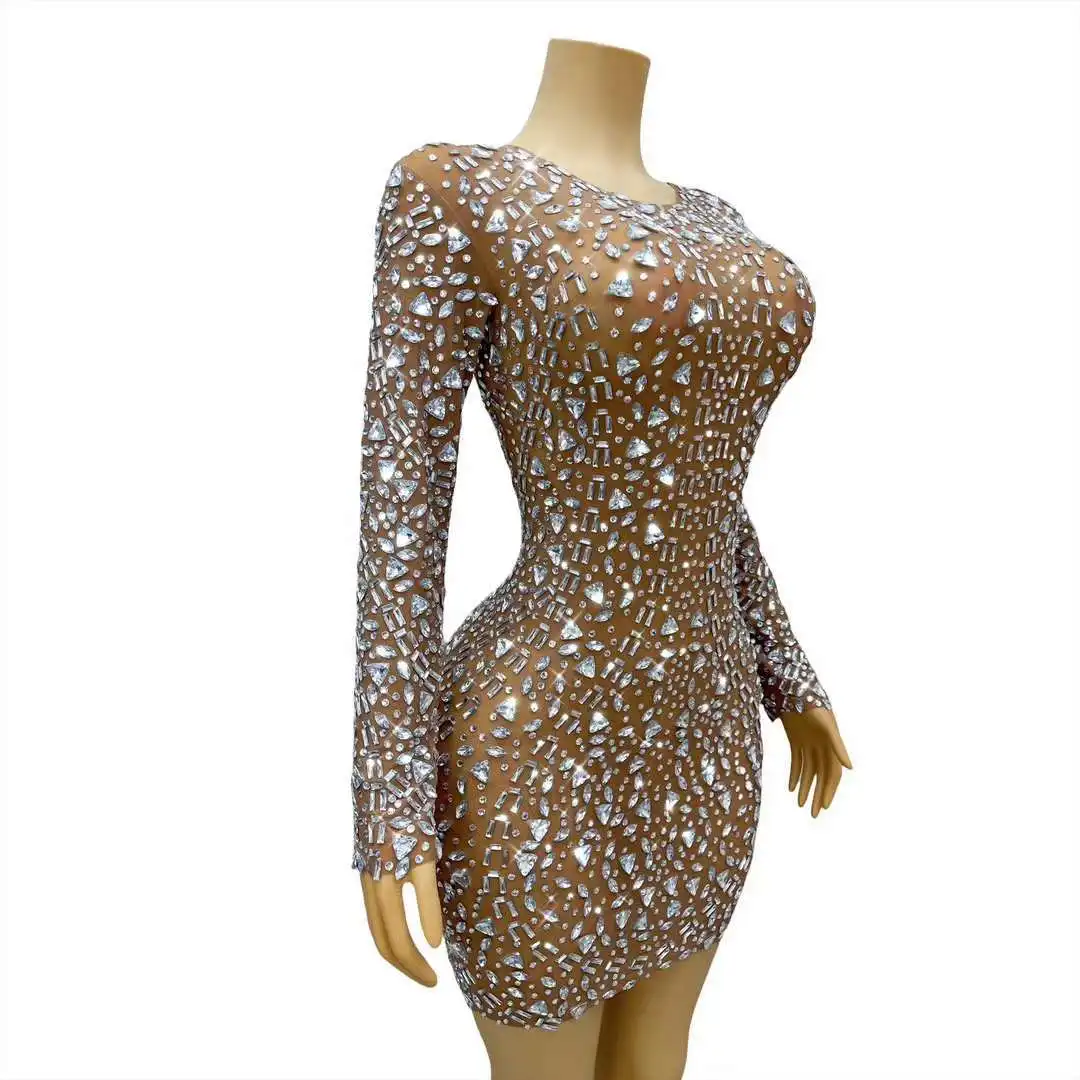 Glamorous Mesh Birthday Party Stage Dress Women's Long Sleeve Waist Wrap Hip Short Skirt Sexy Translucent Diamond Evening Gown
