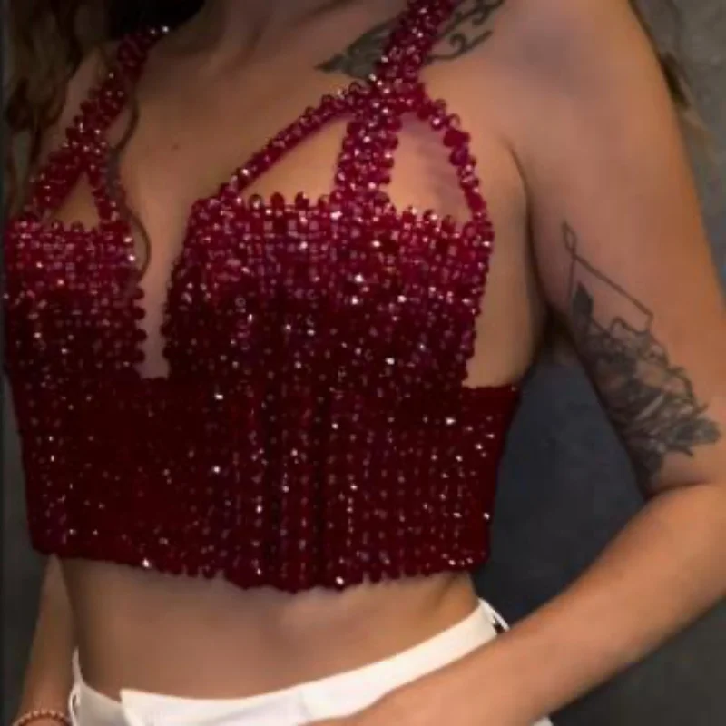 Body Chain Girl Totally Hand-made European And American High-end Banquet Wine Red Beaded Bra Beaded Vest Joker Sling Bare Back