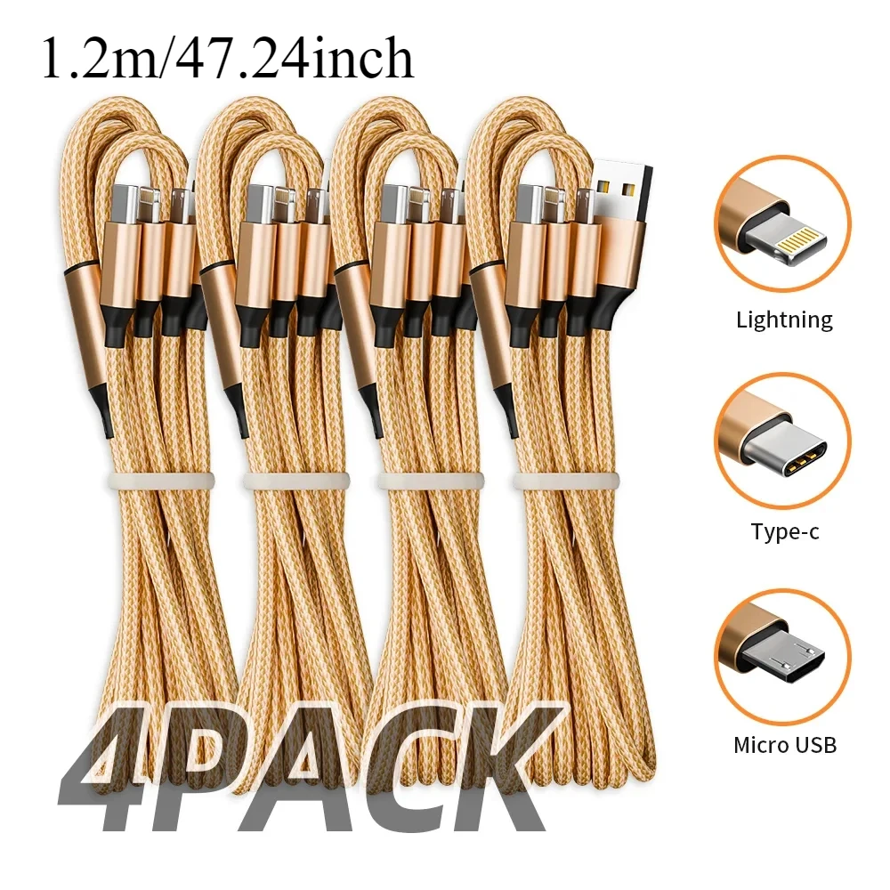 

4 Pcs 3-in-1 nylon braided Usb Cable for a variety of devices MFi certified USB Fast charging with Type-C Micro USB IP interface