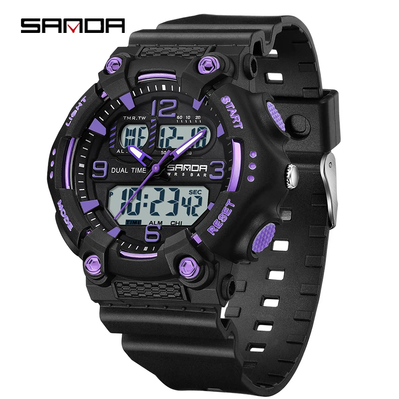

SANDA SD6179 Женские спортивные часы, подарок, роскошные студенческие часы с будильником, кварцевые цифровые светящиеся водонепроницаемые часы с двойным дисплеем