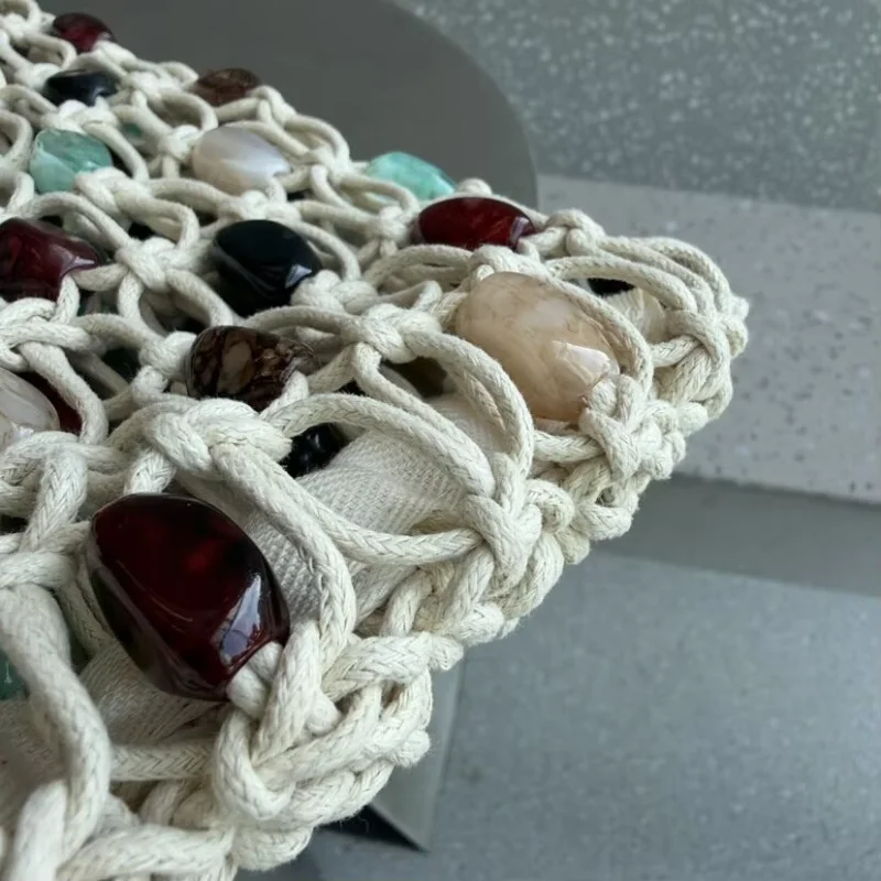 Bohemian Rope Crochet Women Bag Color Beading Beach Bags For Women Handmade Hollow Knitting Handbags And Purses Woven Bag