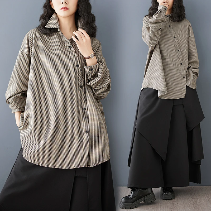 

Sli женский свободный крой с воротником irt длиной миди, модный универсальный осенний новый воротник с длинным светом в клетку...