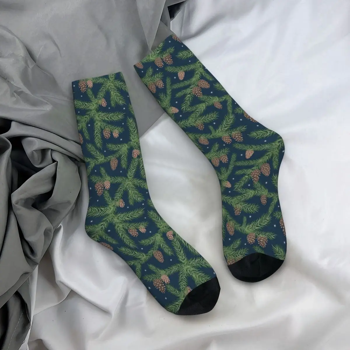 Medias de conos de pino con estampado de ramas, calcetines góticos estampados, calcetines antideslizantes de otoño para niñas, calcetines para correr de alta calidad