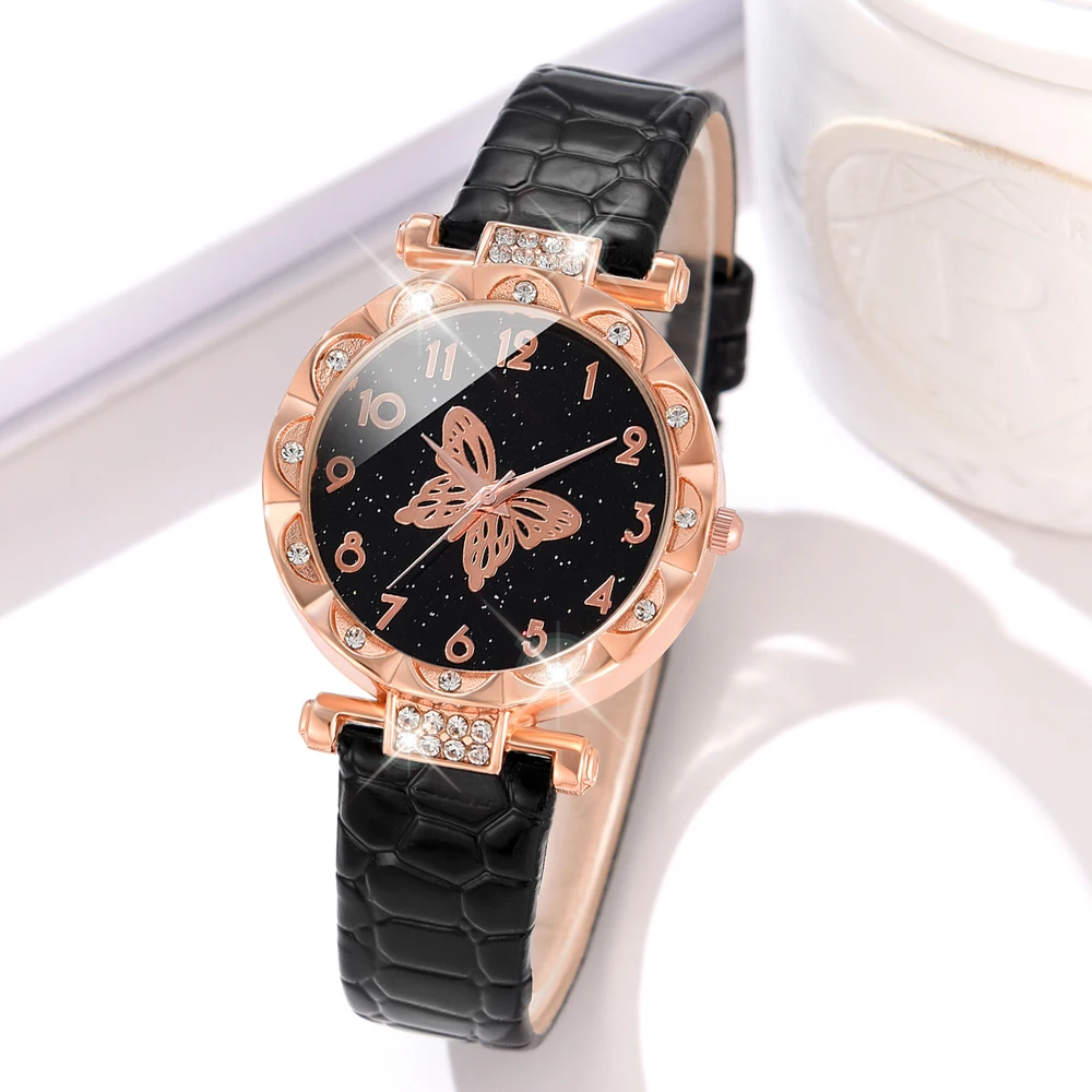 5PCS/Set Black Romantic Quartz Watch Shiny Rhinestone PU Leather Wrist Watch & Jewelry Set Gift For Mom Her Ladies Watch