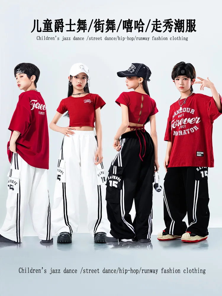 

Kids Hip Hop Dancewear Boys Short Sleeve Outfit Girls Dance Practice Summer Style