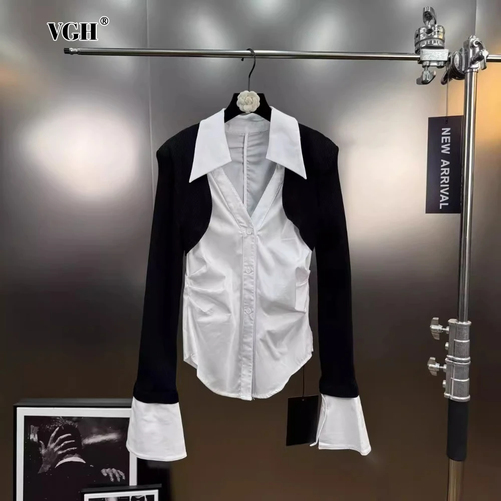 

VGH Hit Color Temperament Slimming Shirts for Women Lapel Long Sleeve Spliced Knitted Fake Two Piece Design Shirt Female Autumn