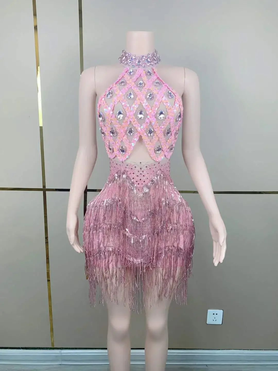 Women Fringe Sparkly Pink Rhinestone Backless Sexy Dress Party Birthday Queen Stage Performance Outfit