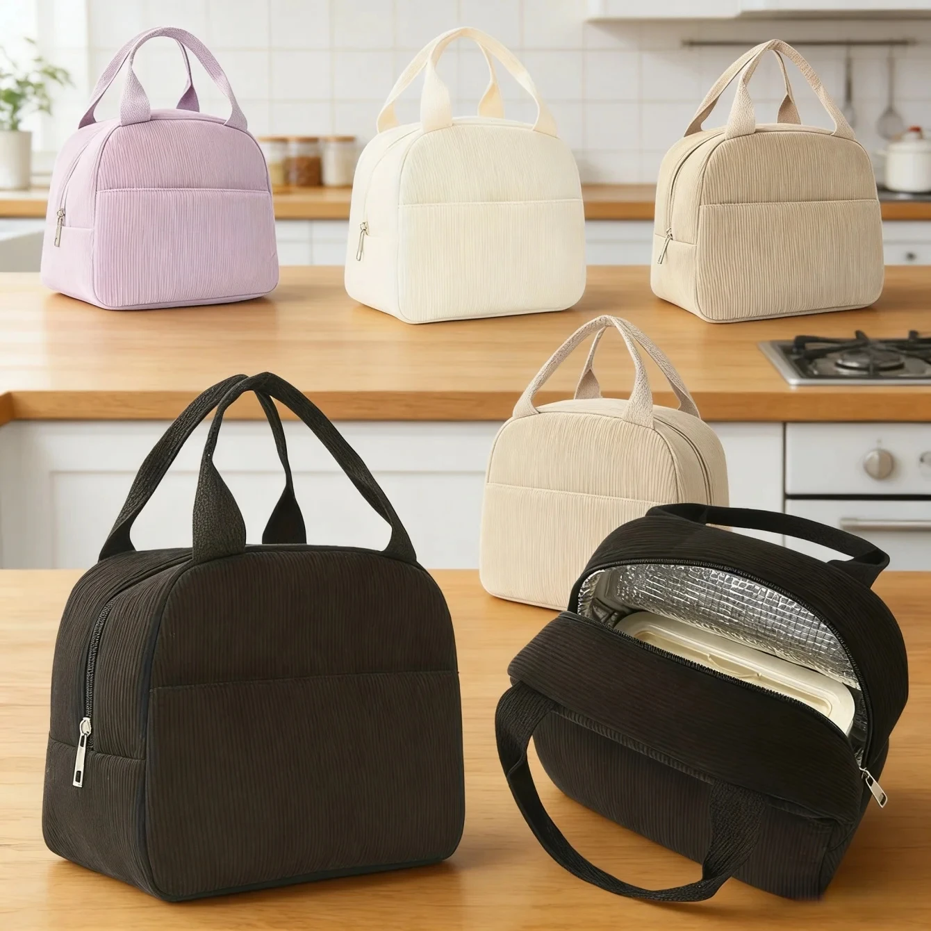 Reusable Thermal Insulated Bento Bag Embroidery Portable Corduroy Lunch Bag for Kid Ideal for Go To School/Travel Work Trips