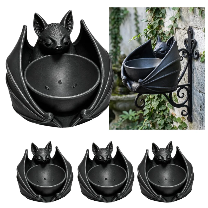 2027 Gothic Bat Resin Statue Bowl Wall Mounted Planter Pot Halloween Decor Succulent Flower Pot Home Garden Ornament Holder